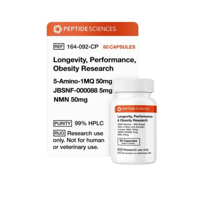 Лонжевити, Перфоманс Обесити Ресирч (5-Амино-1МКУ,НМН,ЖБСНФ) Пептид Саенс (Longevity, Performance & Obesity Research (5-Amino-1MQ, NMN, JBSNF) PeptideSciences)